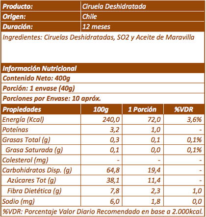 Ciruela Deshidratada sin Carozo, 400 gr, marca Las Mellizas