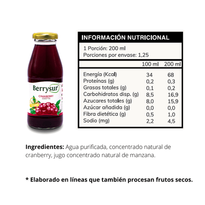 Jugo Cranberry, 250 ml, marca Berrysur